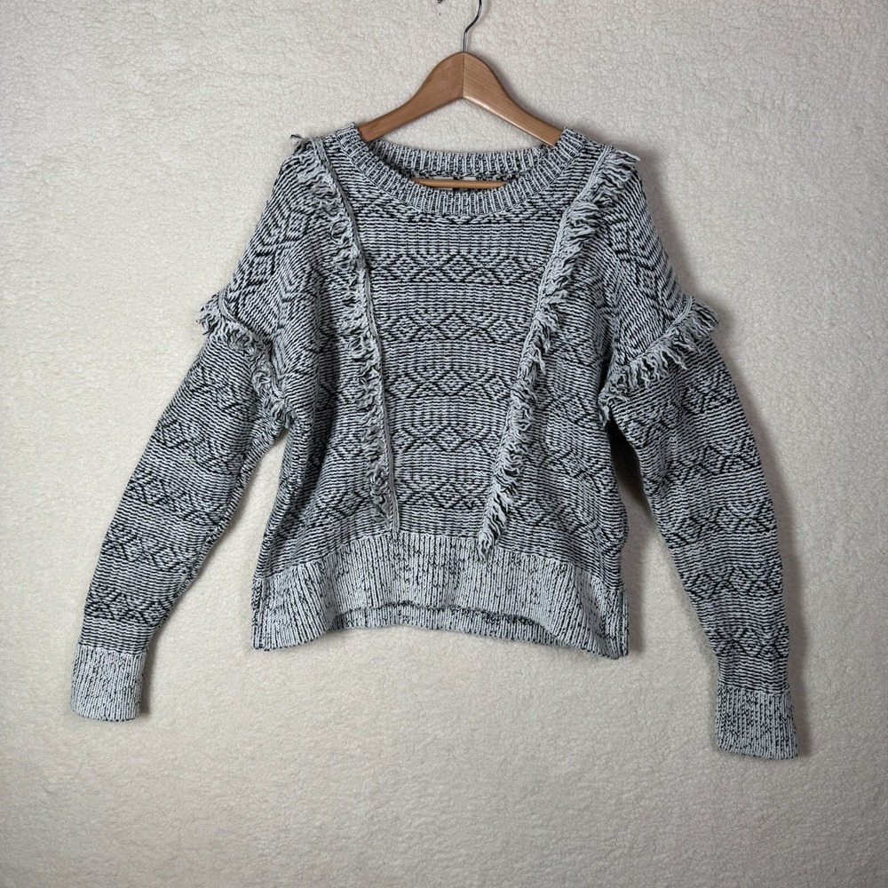 Gap Womens XXL Wool Blend Boho Fringe Black White‎ Chunky Knit Geometric Sweater